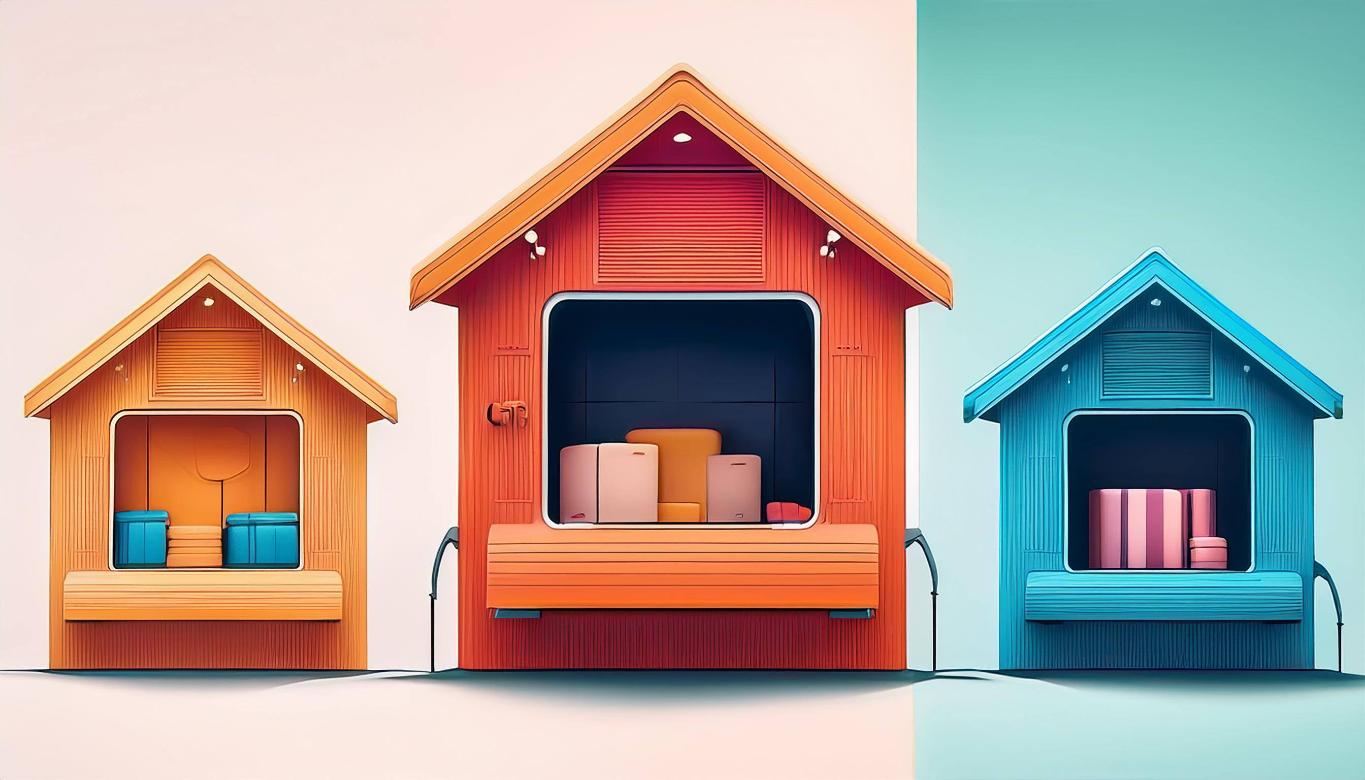 屋内型、屋外型、宅配型トランクルームの3種類を比較したイラスト